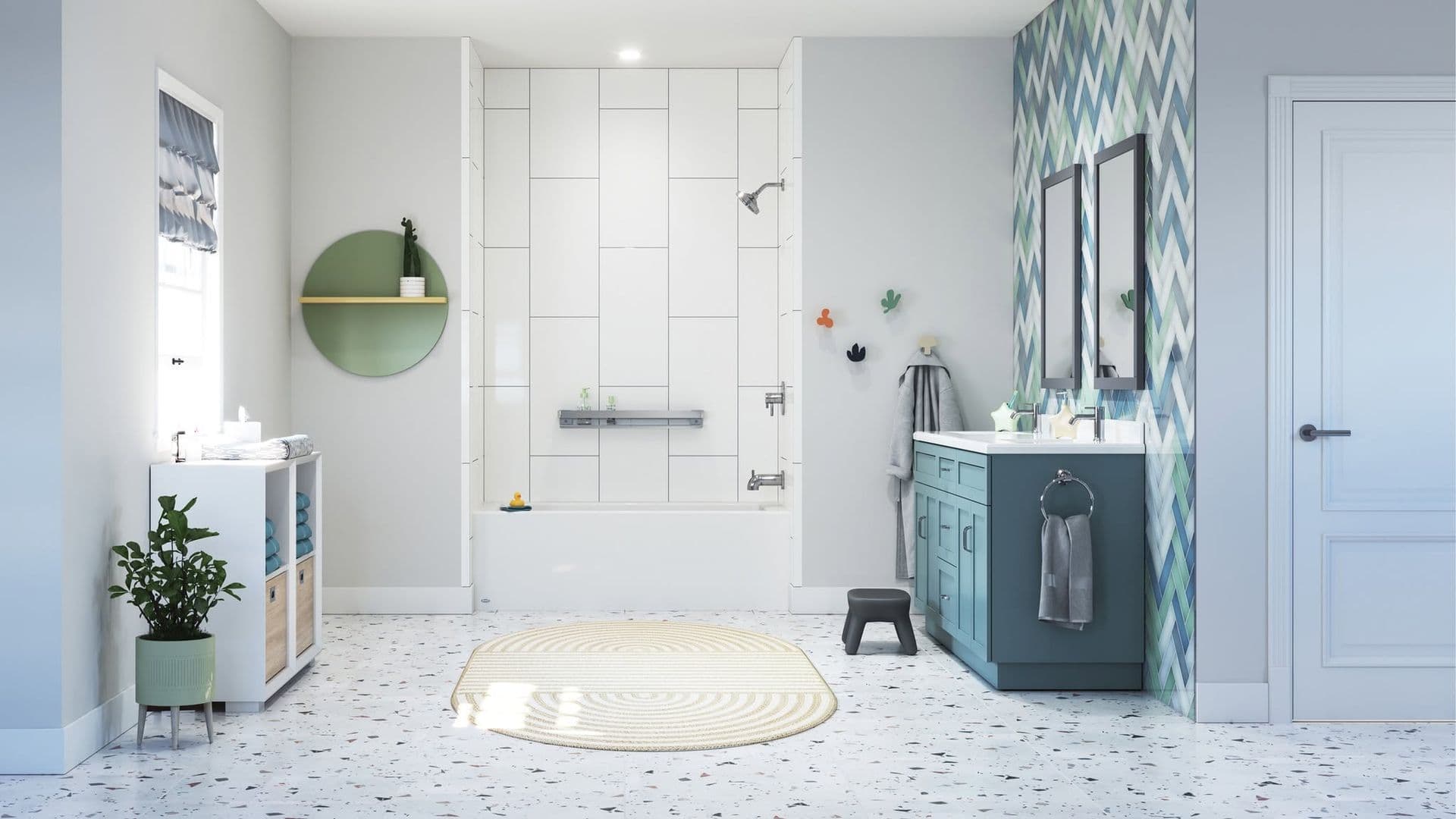 Modern bathroom with walk-in shower, teal vanity, circular green mirror, patterned wallpaper, and decorative cactus wall art